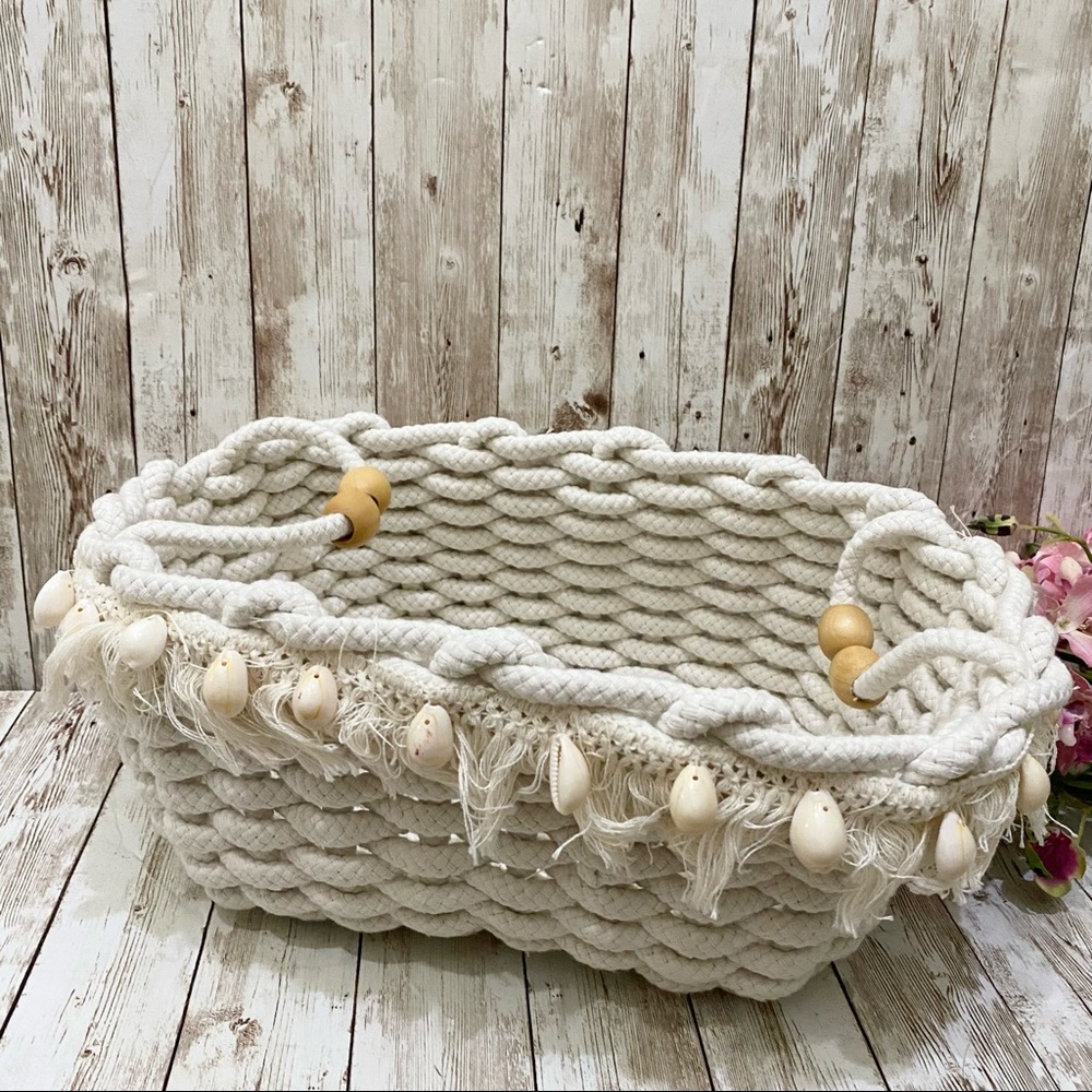 Boho Handwoven Thick Cotton Cord Rectangular Storage Basket w/ Cowrie Shell